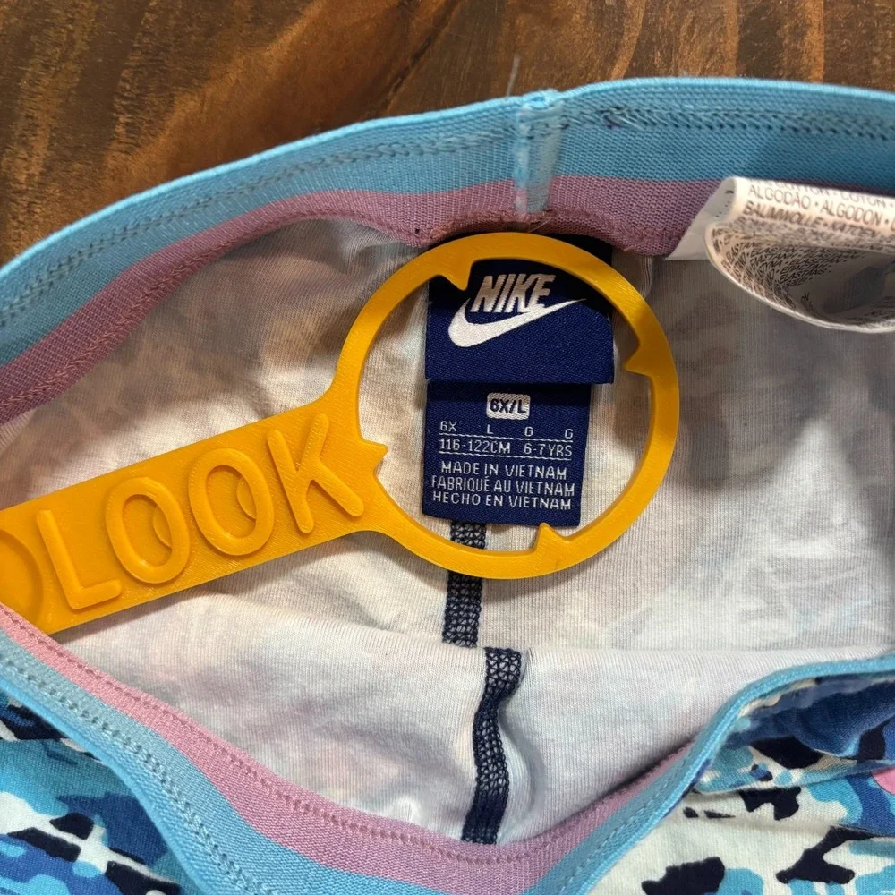 Nike Girls Blue Abstract Camo Print Capri Leggings Pink Logo Size 6X L 6-7 Years